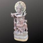 12" Hand Carved Pink Stone Krishna with Cow Gift Statue | Jaipurio